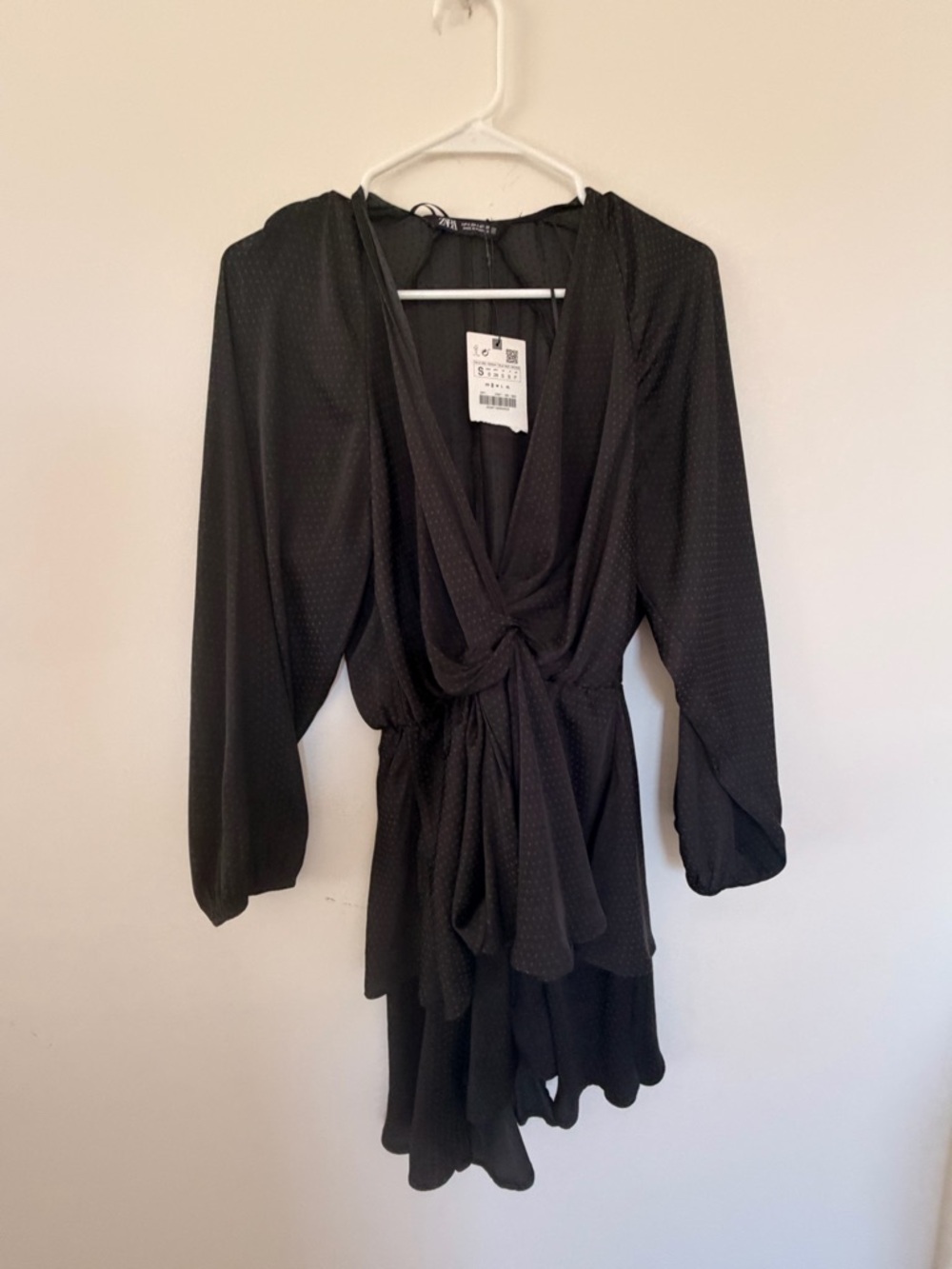 Zara Black Long-Sleeve Draped Knot Front Mini Dress polka dots